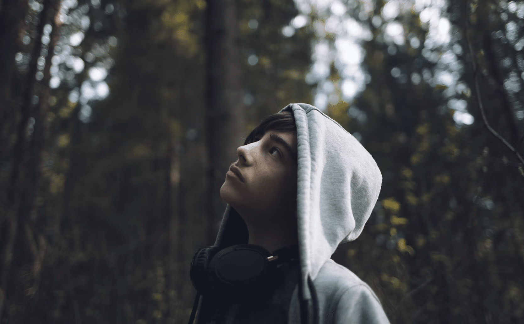 young boy wearing a grey hoodie in a forest
