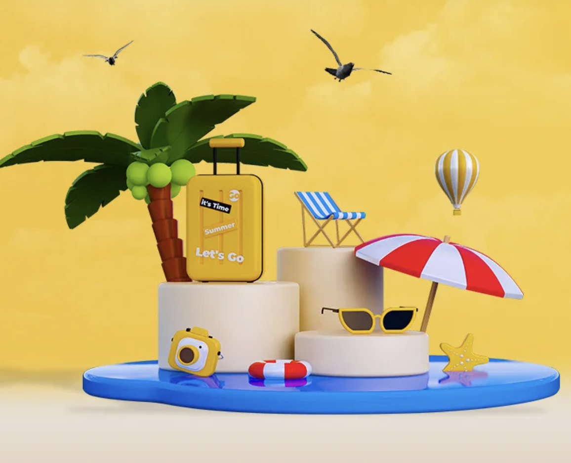 Image of an island with classic holiday items such as palm tree, umbrella, sunglasses, beach balls
